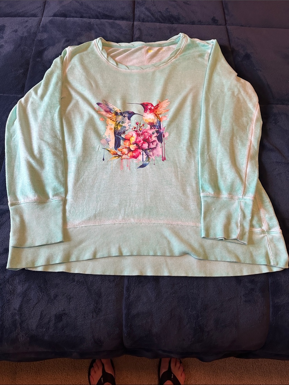Xersion Mint Green Pullover with Colorful Hummingbird Floral Motif